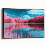 Framed landscape canvas artwork depicting serene beach scenery with vibrant colors and black frame, showcasing a tranquil coastal view ideal for home decor.