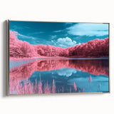Framed canvas artwork depicting a serene beach landscape with vibrant colors, highlighted by a silver frame; perfect for coastal-themed home decor.