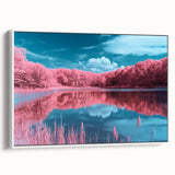 Framed canvas art depicting a serene beach landscape with vibrant blue skies and soft white sands, showcasing a minimalist white frame for modern decor.