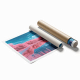 Vibrant rolled print showcasing a serene beach landscape with soft waves and golden sand, designed for home decor, delivered in a protective cardboard tube.