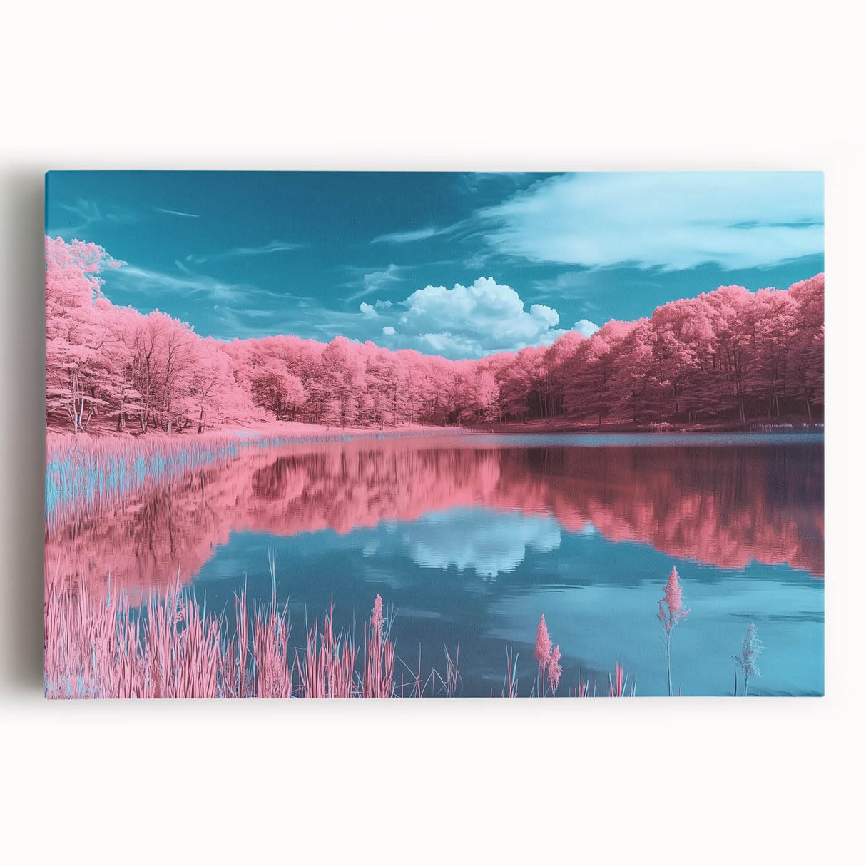 Stretched canvas artwork depicting a serene beach landscape at sunset, showcasing vibrant colors of orange and blue, perfect for coastal home decor.