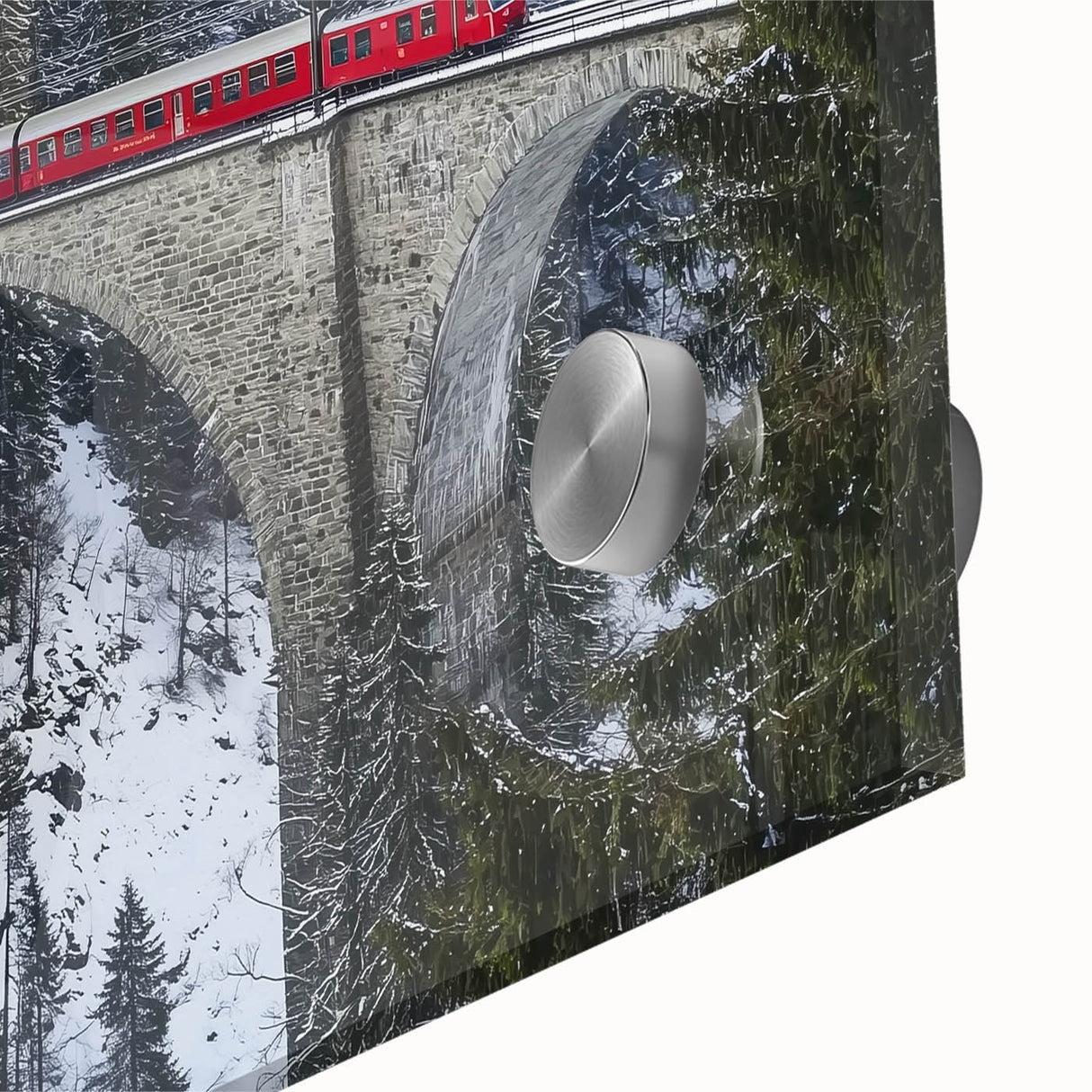 Close-up of a modern acrylic glass landscape artwork featuring a vibrant bridge design, highlighting intricate details and vivid colors, perfect for contemporary decor.