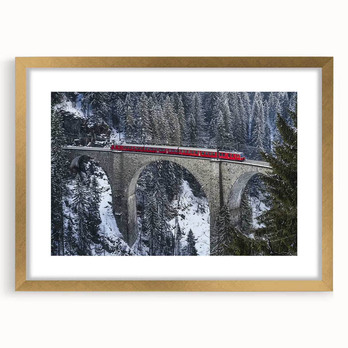 Gold landscape bridge frame with a mat, showcasing an elegant front view. Ideal for enhancing home decor and gallery displays, this frame adds a touch of sophistication to any artwork.