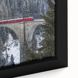 Close-up of a framed canvas artwork depicting a serene landscape bridge scene, featuring vibrant colors and intricate details, perfect for home decor.