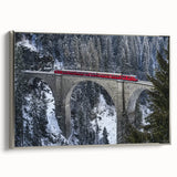 Framed canvas artwork depicting a serene landscape with a bridge, featuring silver accents and a side view that highlights its elegant design, perfect for home decor.