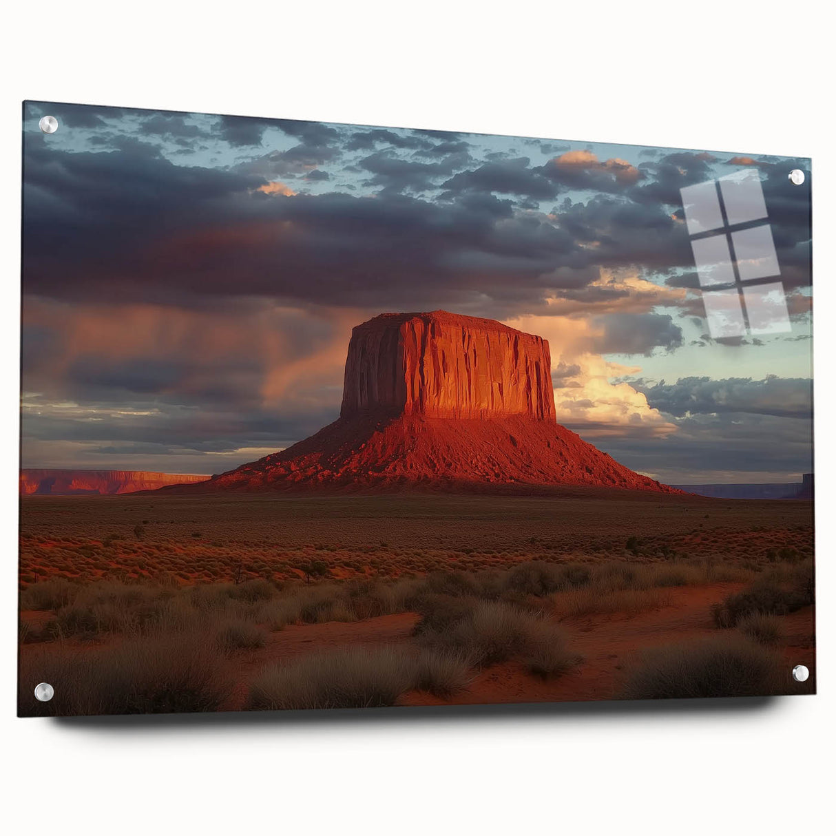 Landscape acrylic artwork depicting vibrant canyons in rich hues of orange and blue, displayed in a sleek glass frame with stylish pins for a modern touch.