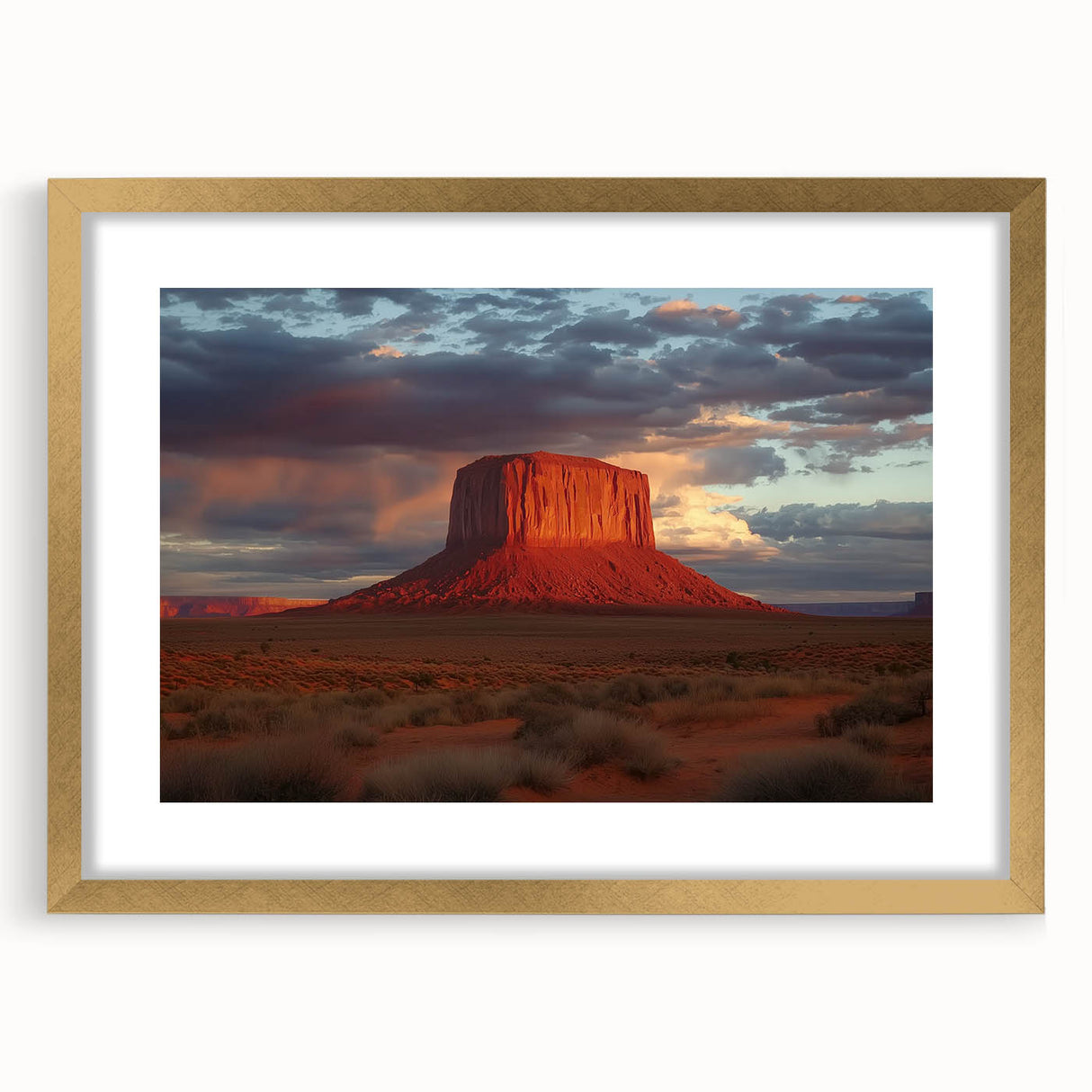 Landscape artwork of canyons framed in elegant gold with a white mat, showcasing intricate details and vibrant colors, perfect for home decor and art enthusiasts.