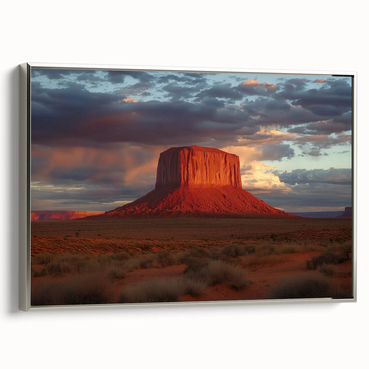 Framed landscape canvas artwork showcasing stunning canyons in vibrant colors with a sleek silver frame, ideal for enhancing modern home decor and interior aesthetics.
