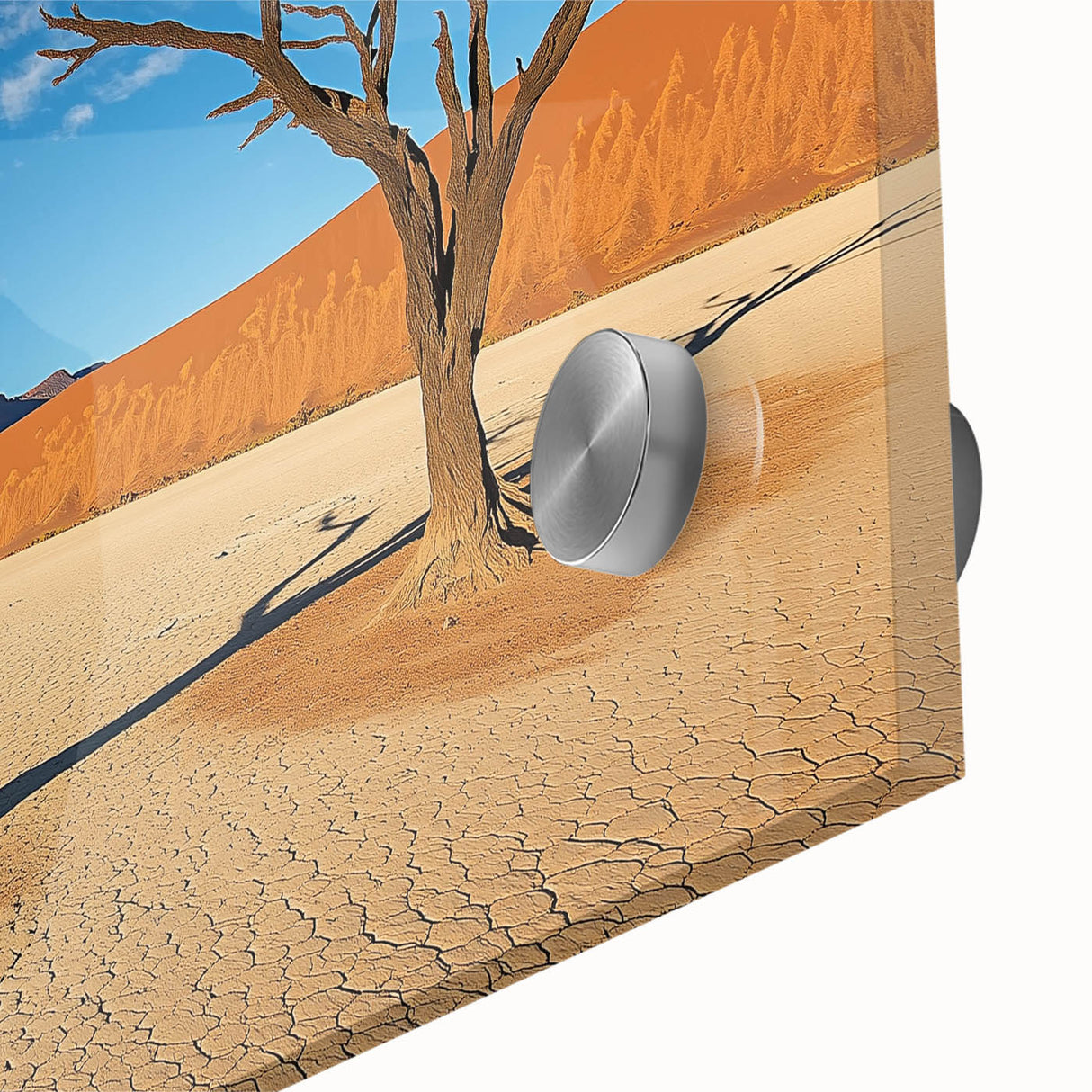 Close-up of a vibrant acrylic landscape depicting a desert scene, showcasing warm earth tones and intricate details, ideal for modern home decor.