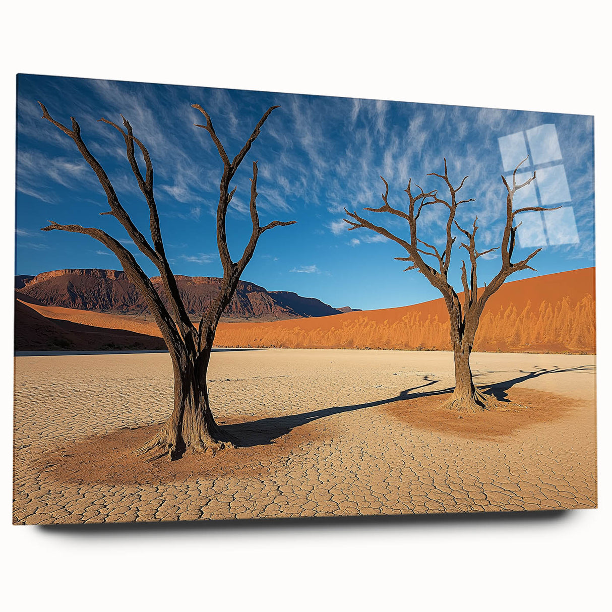 Acrylic glass artwork showcasing a vibrant desert landscape in warm tones, framed for a modern aesthetic. Ideal for home decor or office spaces, enhancing interiors with a touch of nature.