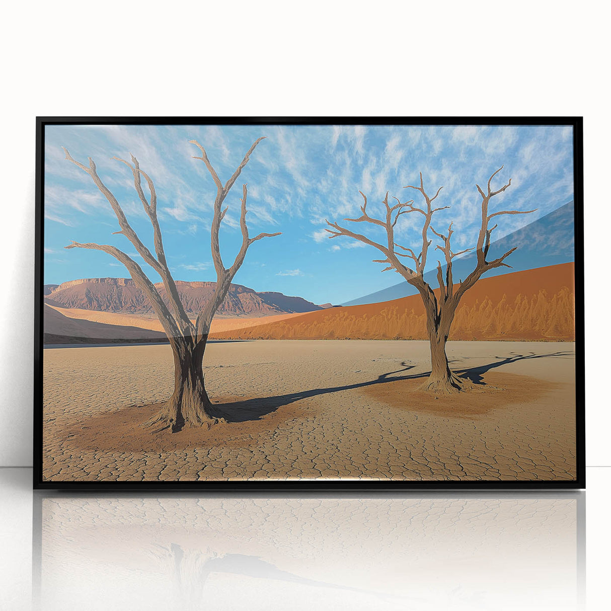 Framed acrylic wall art displaying a stunning desert landscape with vibrant colors and intricate details, set in a sleek black frame, ideal for modern home decor.