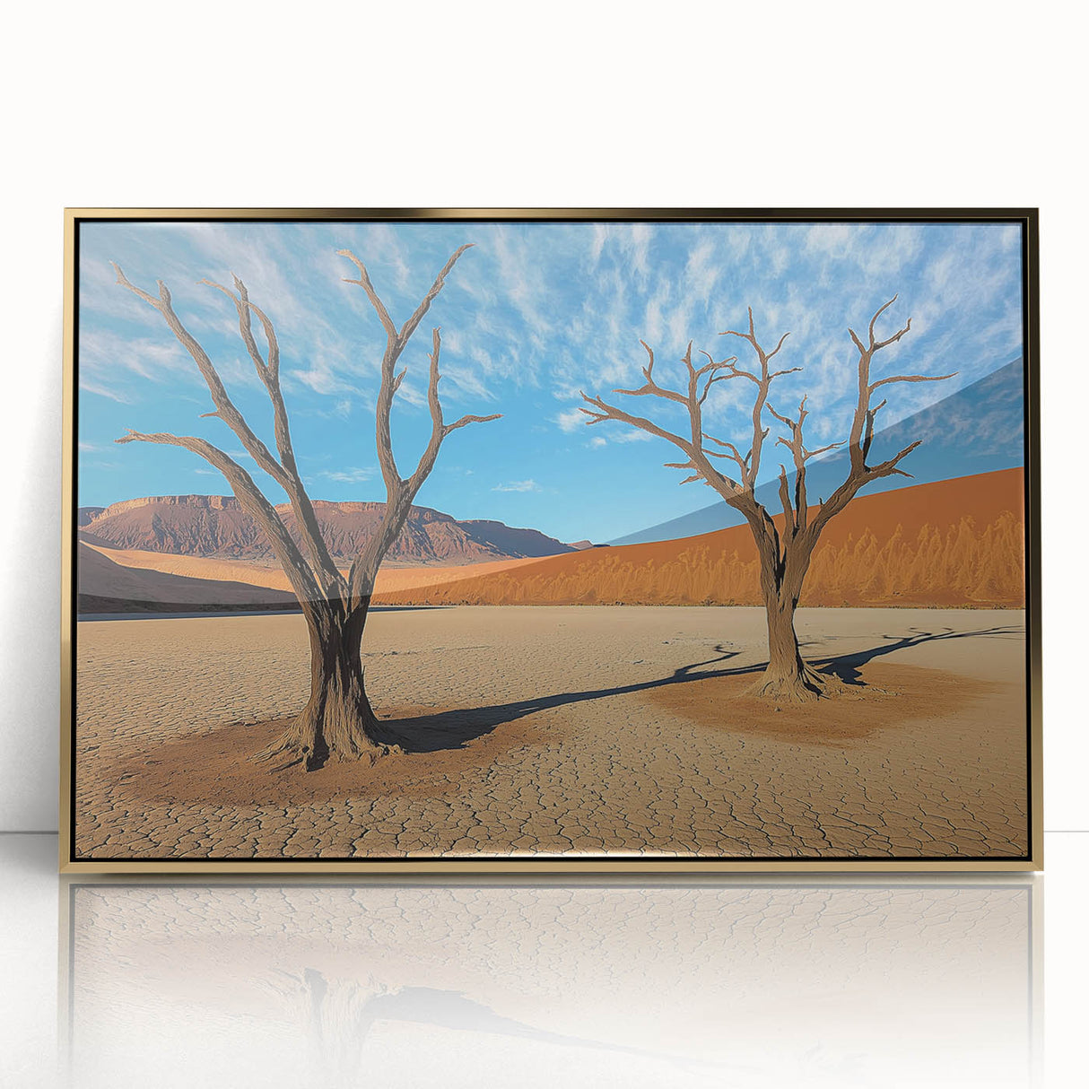 Framed acrylic artwork showcasing a vibrant desert landscape with golden accents, perfect for enhancing modern home decor. Ideal for nature-themed interiors.