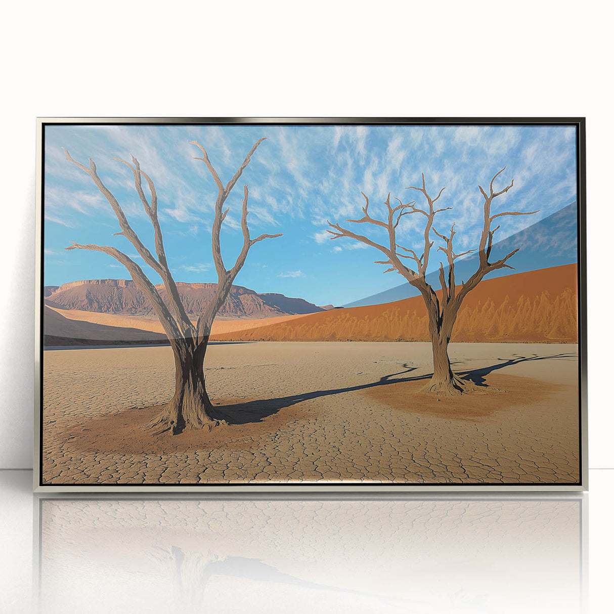 Framed acrylic artwork depicting a serene desert landscape, featuring warm hues of orange and gold, ideal for enhancing modern home decor.