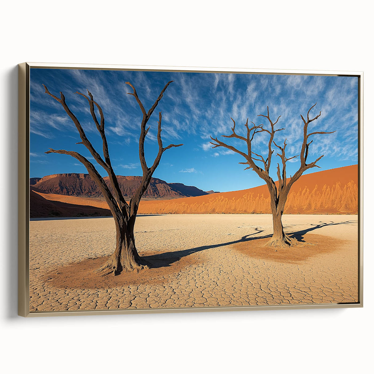 Framed canvas artwork depicting a serene desert landscape with warm golden tones, showcasing intricate details and textures, perfect for home decor enhancement.