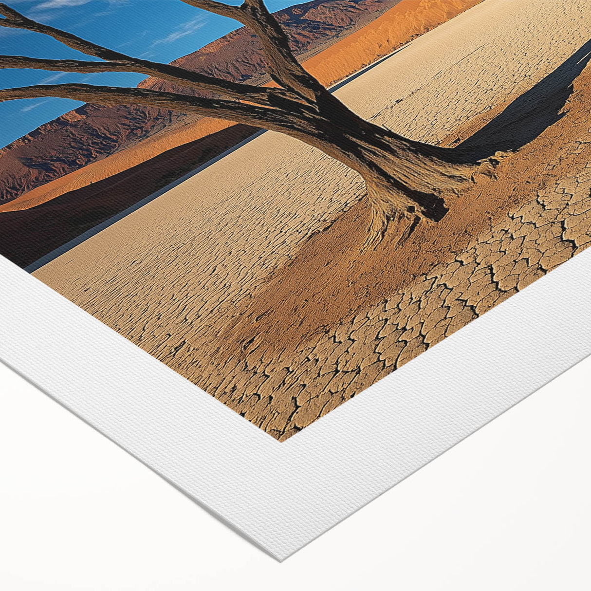 Desert landscape rolled canvas artwork showcasing vibrant warm hues of orange and yellow, depicting a tranquil sunset over arid dunes, ideal for home decor.