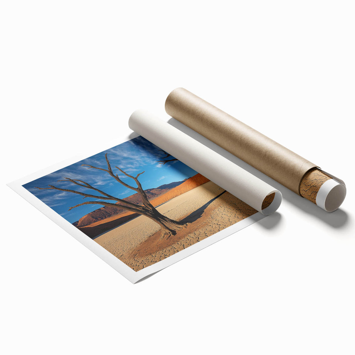 Desert landscape rolled print showcasing vibrant orange and sandy tones, elegantly packaged in a protective cardboard tube, ideal for home decor and art enthusiasts.