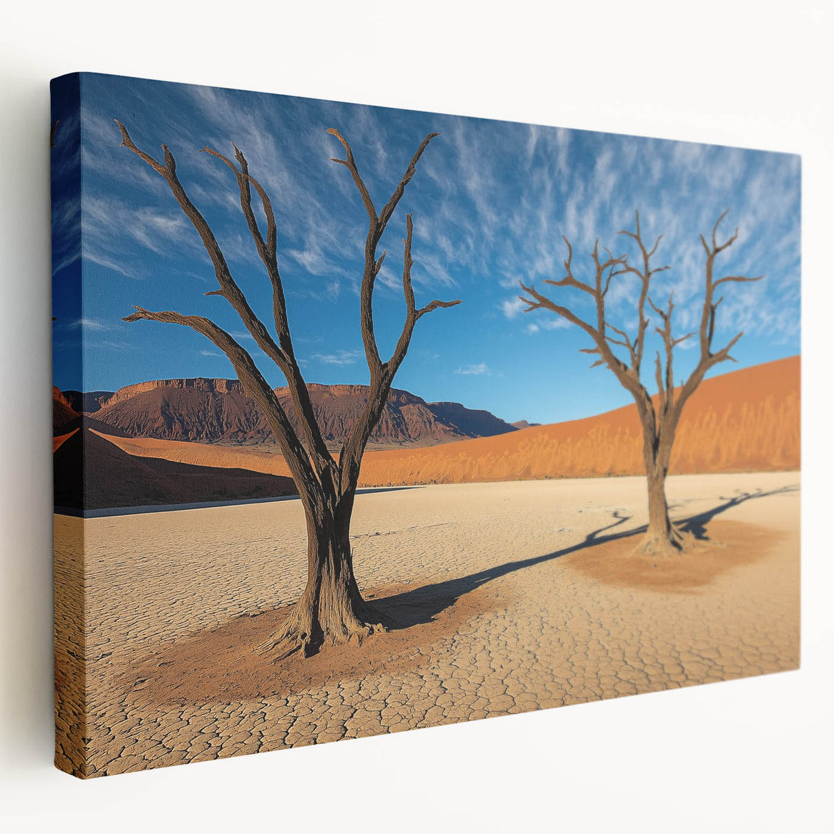 Stretched canvas artwork showcasing a vibrant desert landscape in warm hues of orange and yellow, perfect for home decor or office ambiance, highlighting nature's beauty.