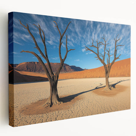 Stretched canvas artwork showcasing a vibrant desert landscape in warm hues of orange and yellow, perfect for home decor or office ambiance, highlighting nature's beauty.