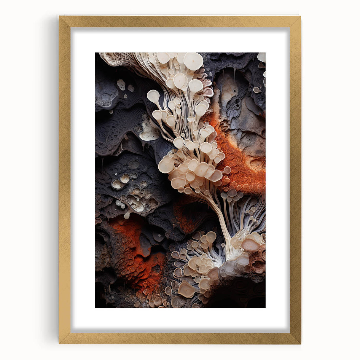 Extra large abstract art print in gold frame, featuring textured elements in muted earth tones, ideal for living room decor.