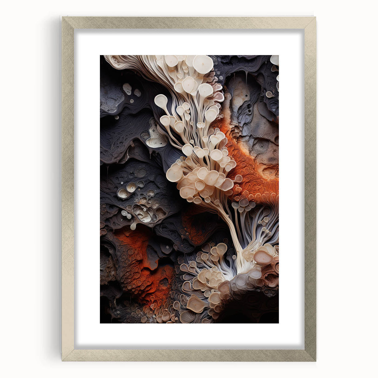 Textured abstract art print in neutral shades, framed in silver, ideal for bedroom wall decor.