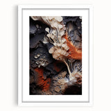 Abstract art print featuring swirls of blue and gray, framed in white, ideal for modern dining room decor.