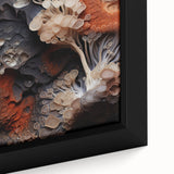 Close-up of black textured wall art with colorful abstract elements on a framed canvas, ideal for living room decor.
