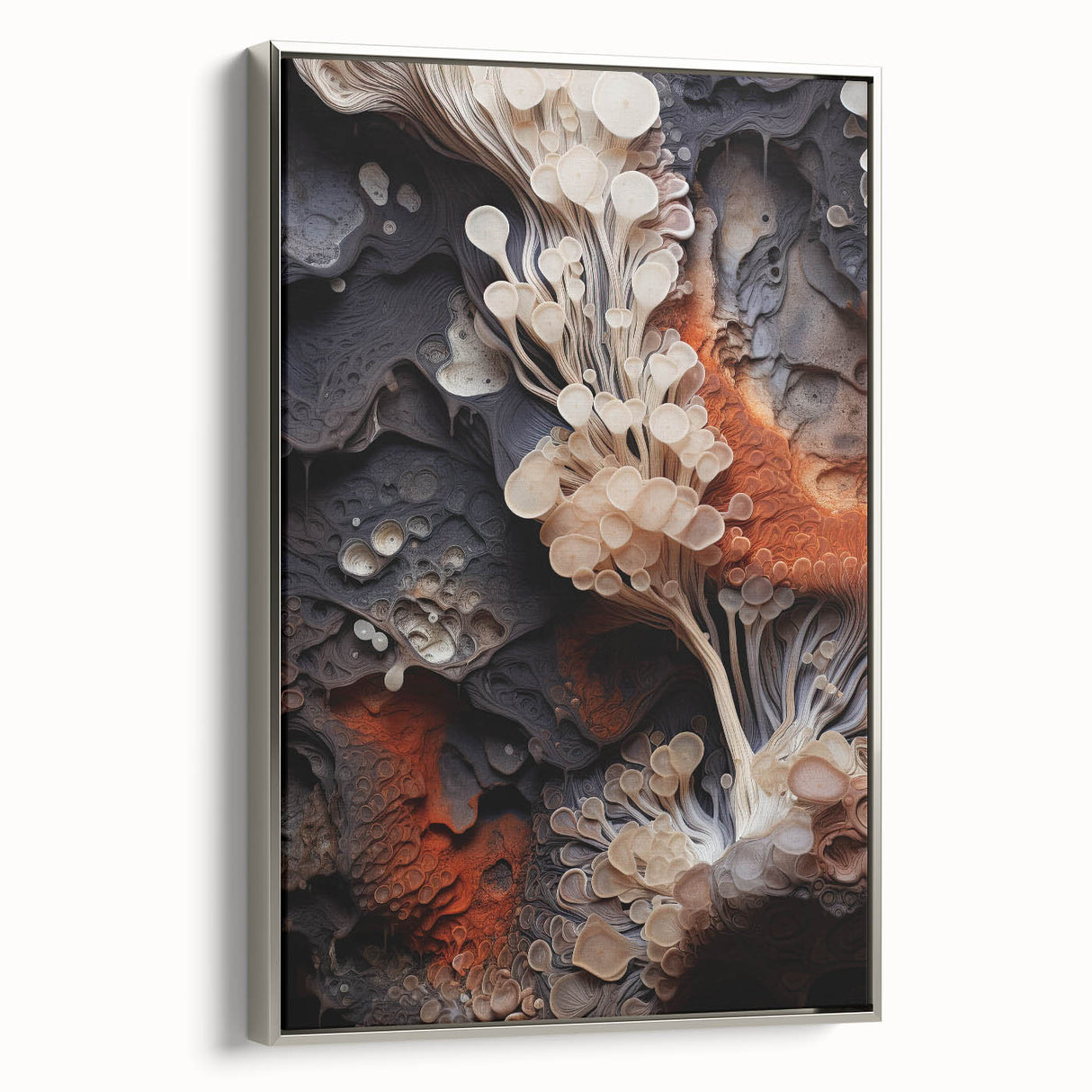 Landscape art painting on framed canvas, featuring a vintage poster style with colorful art elements on a black background.
