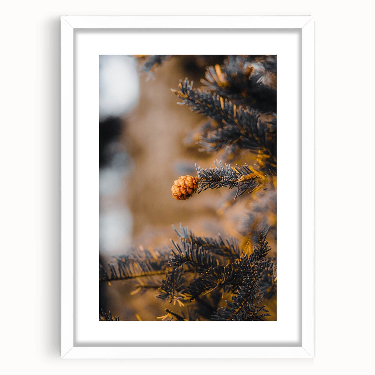 Abstract art print depicting autumnal hues in a white framed mat, suitable for bedroom or dining room decor.