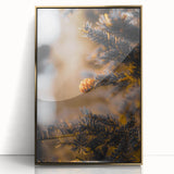 Large art print of a mid-century modernist autumn scene in gold and orange tones, acrylic framed.