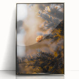 Mid-century modernist art depicting autumn trees in orange and red hues on a silver-framed acrylic print.