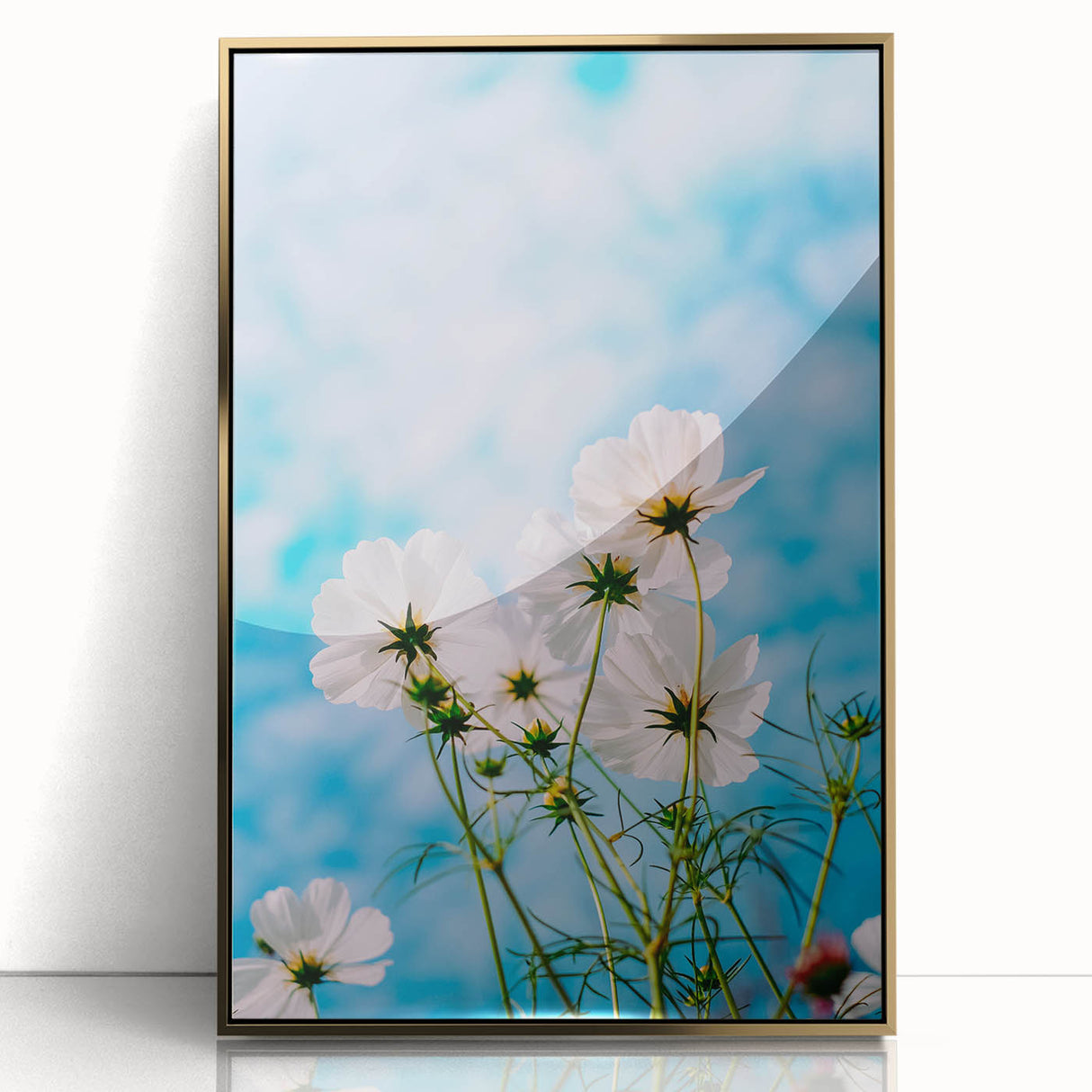 Large art print of a mid-century modernist spring scene in pastel shades on acrylic, framed in gold.
