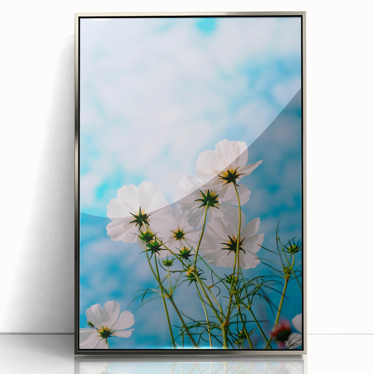 Mid-century modernist art depicting spring season in pastel colors on a silver-framed acrylic, ideal for nursery wall art.