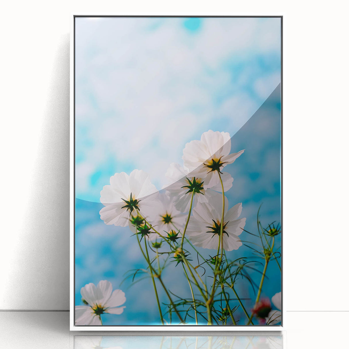 Art deco poster of spring season in pastel shades on white framed acrylic, ideal for nursery wall art.