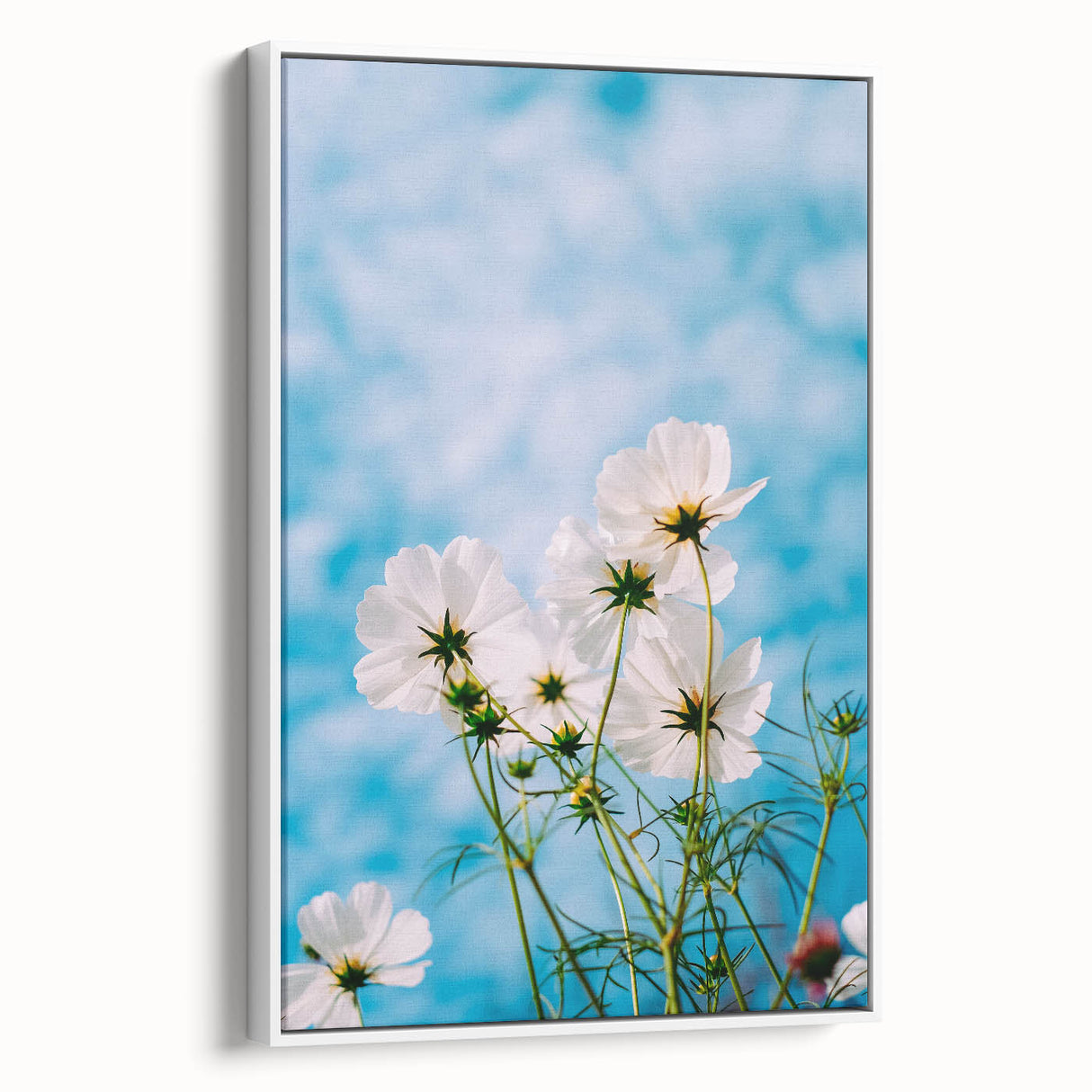 Vintage poster art featuring colorful spring-themed design on white framed canvas, suitable for living room decor.