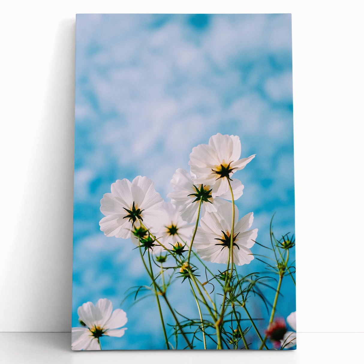 Large black and white abstract art on stretched canvas featuring spring motifs.