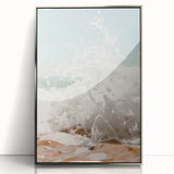 Mid-century modernist art depicting summer season in vibrant colors on a silver-framed acrylic print.