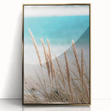 Large art print of a mid-century modernist summer scene in soft pastel tones on a framed acrylic, ideal for nursery wall art.