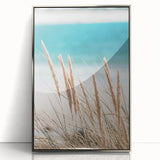 Mid-century modernist art deco poster featuring geometric shapes in muted pastel colors, silver-framed acrylic.