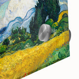 Large abstract wall art print on acrylic glass featuring mid-century modernist style in vibrant hues.