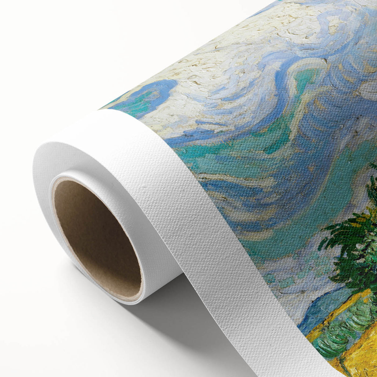 Art deco style poster featuring a colorful Van Gogh painting on rolled canvas.