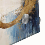 Abstract wall art featuring vibrant strokes in shades of blue, pink, and gold, displayed on acrylic glass for a modern aesthetic and enhanced depth. Perfect for contemporary home decor, this piece adds a touch of elegance and color to any room.