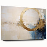 Abstract wall art featuring vibrant strokes in blue, pink, and gold, displayed without pins on acrylic glass, showcasing a modern design ideal for contemporary decor.