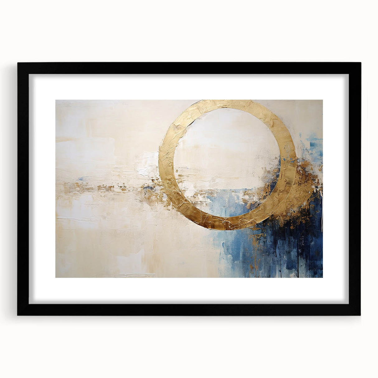 Abstract wall art featuring vibrant strokes in shades of blue, orange, and yellow, framed with a sleek black mat, ideal for modern home decor.