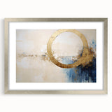 Abstract wall art piece featuring vibrant strokes in shades of blue, orange, and gold, framed with a sleek silver mat, perfect for modern home decor.