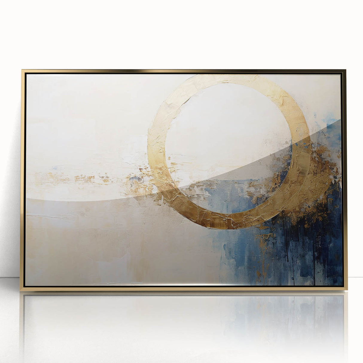 Framed abstract wall art featuring vibrant gold strokes and fluid designs, perfect for modern decor, enhancing any room with elegance and sophistication.