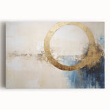 Abstract strokes wall art on stretched canvas showcasing vibrant blue, orange, and yellow hues, perfect for modern home decor, enhancing artistic ambiance.
