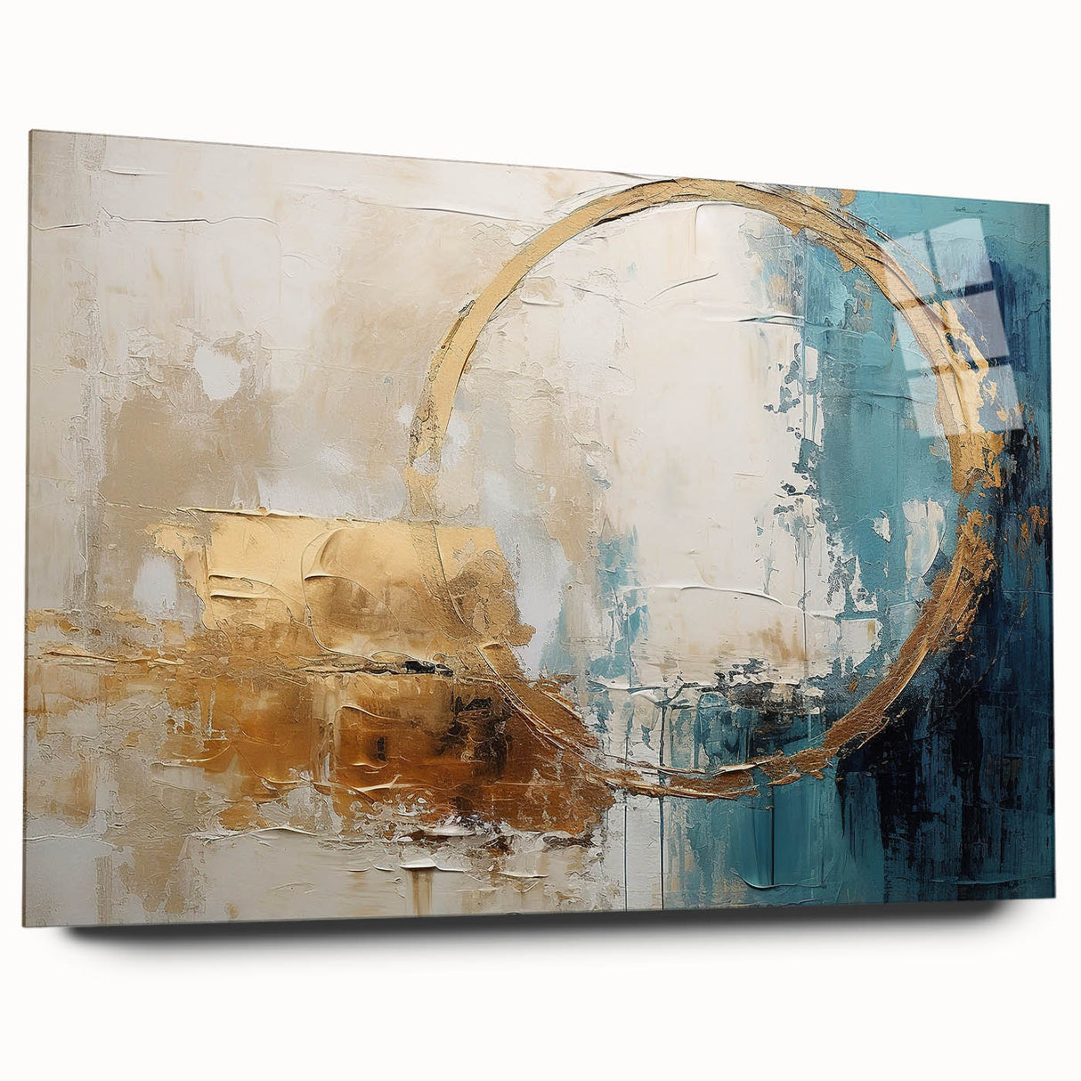 Abstract wall art featuring vibrant strokes in shades of blue, orange, and yellow, displayed in an acrylic glass frame from a side view, highlighting its contemporary style.