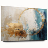 Abstract wall art featuring vibrant strokes in shades of blue, orange, and yellow, displayed in an acrylic glass frame from a side view, highlighting its contemporary style.