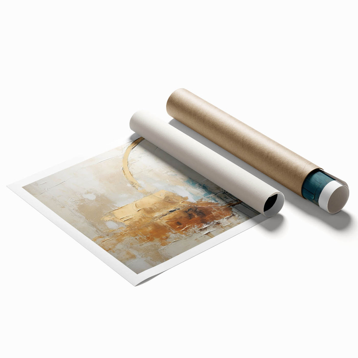 Abstract wall art print showcasing vibrant strokes of blue, orange, and yellow on a textured background, rolled and ready for framing, ideal for modern decor.