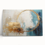 Abstract strokes wall art on stretched canvas showcasing vibrant colors and dynamic patterns, elegantly leaning against a neutral wall, ideal for modern decor.